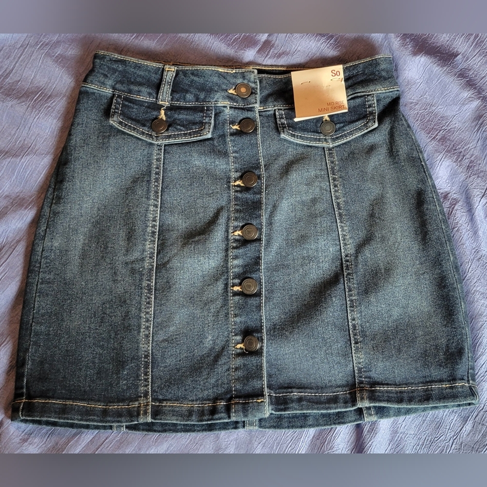 So Juniors Mid Rise Button Denim Mini Skirt